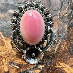 925 Sterling Silver Queen Conch Ring Pink Shell Floral Feather Statement Size 8